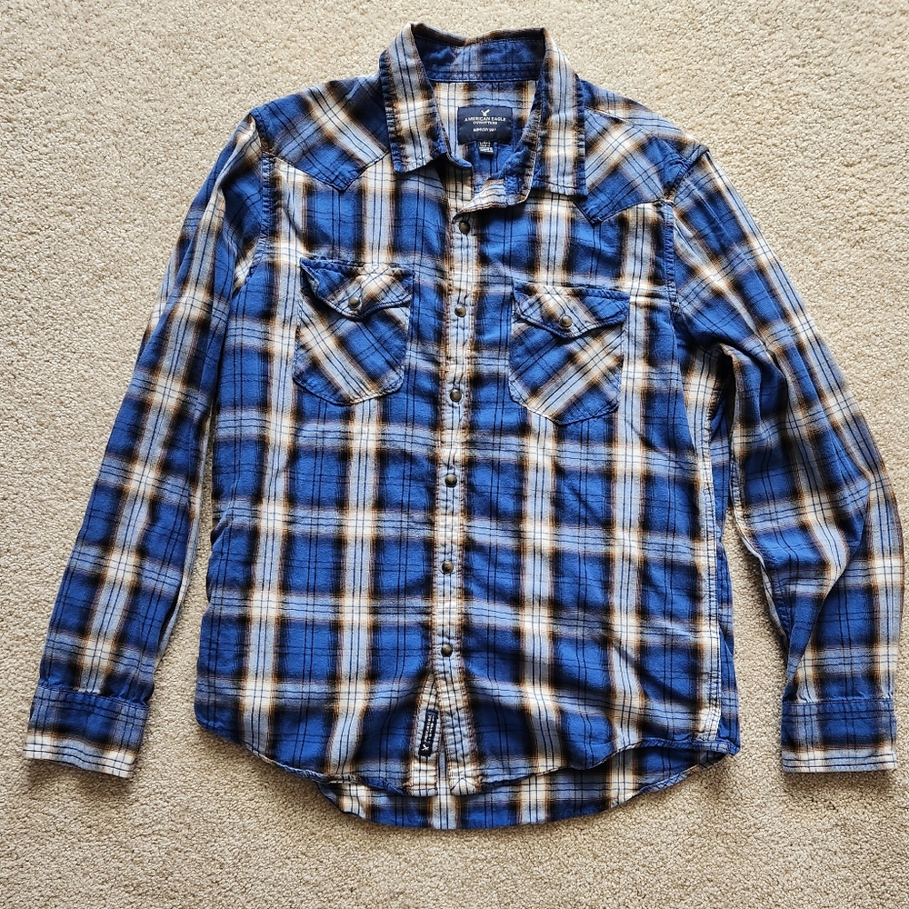 American Eagle Outfitters Blue and White Plaid Snap-Up Shirt - Size L